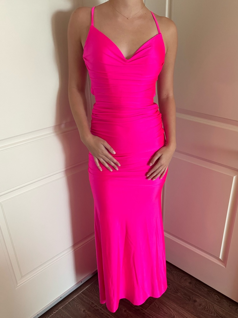La Femme Neon Pink Cowl Neck Maxi Dress